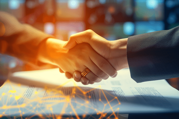 A closeup of a handshake between two people with paperwork beneath the handshake