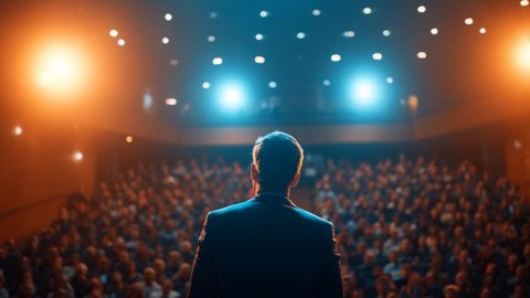 back view of a businessman speaking to an auditorium full of people and orange and blue lights