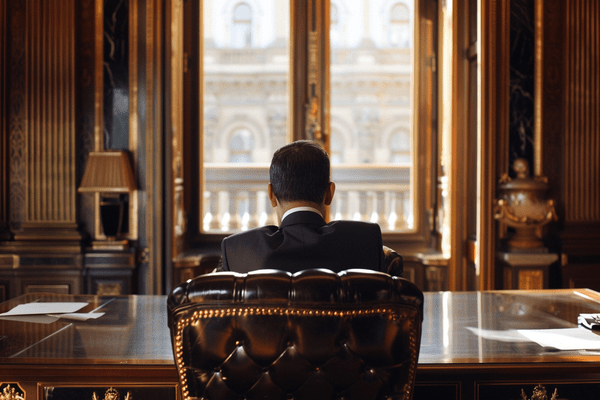 View of a businessman from beind sitting at a fancy wooden desk in an opulent office