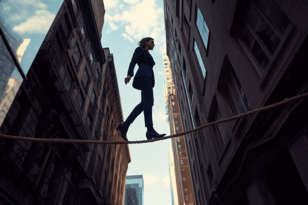 A businesswoman in  a dark blue suit walking across a rope strung between two buildings