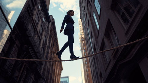 A businesswoman in a dark blue suit walking across a rope strung between two buildings