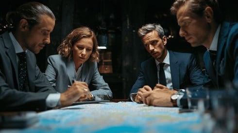 Four risk managers sitiing around a map discussing strategy