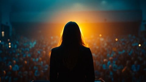 silhouette of a businesswoman at a podium overlooking a crowded auditorium