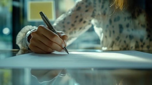 woman's hand signing a document