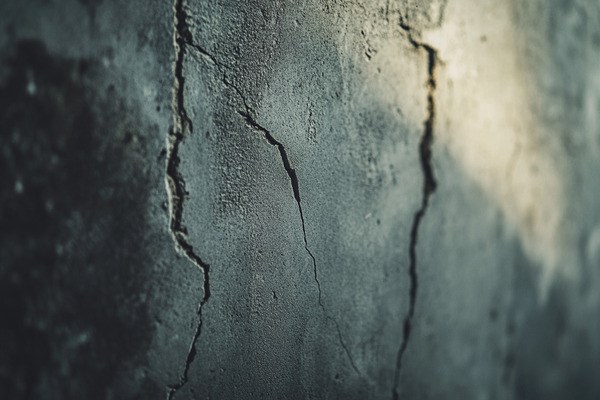 A close-up photo of cracks running up and down concrete.