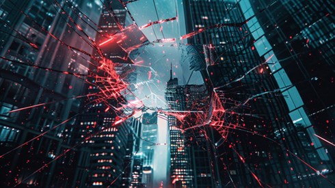 A street view of skyscrapers, seen through a cracked glass window with red light shining through the cracks.