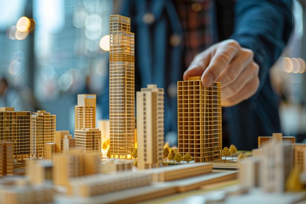 A man reaching his hand out to grasp a small model corporate building, which is surrounded by other model buildings.