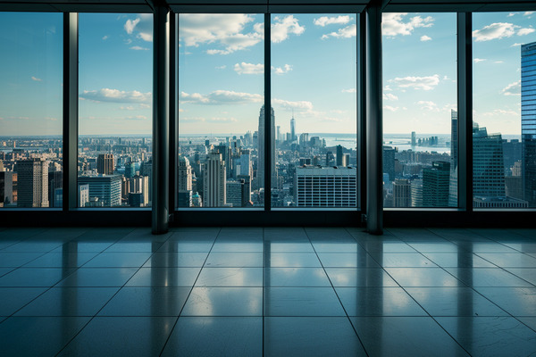 A view from inside an empty high-rise suite with a tile floor, looking out several large glass windows onto a city skyline full of skyscrapers on a bright sunny day.