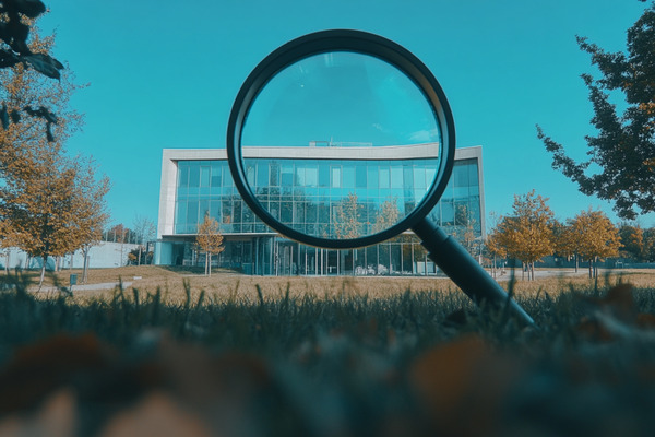 A magnifying glass examining a corporate building.