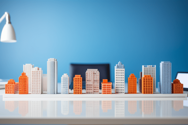 A row of small buildings laid on on a desk