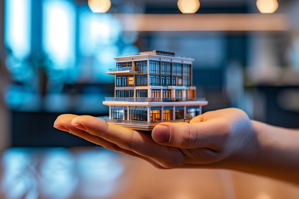 A miniature office building resting in the palm of a hand.