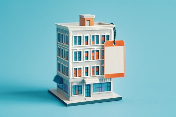 Illustration of a Toy Four-Story Building with a Blank Price Tag Hanging from Roof