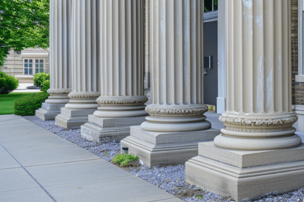 Five white stone columns in front of a building