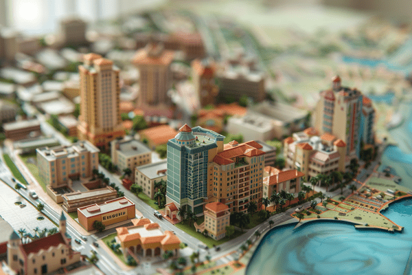 Model buildings sitting on a shoreline