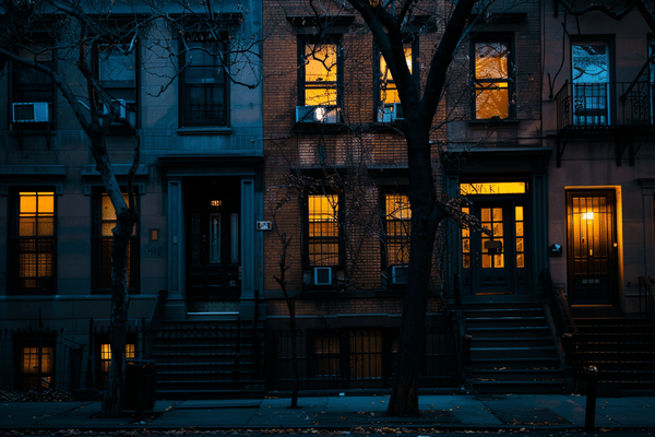 A row of townhouses at night