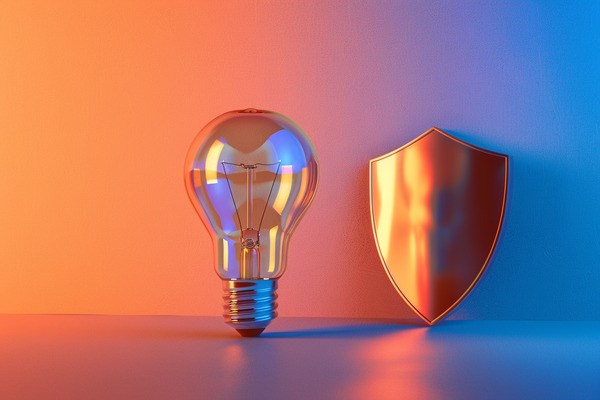 A light bulb standing next to a sleek shield, with a bright orange and blue gradient background.