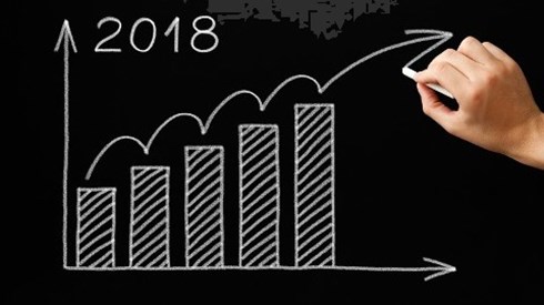 In a graph for 2018 a hand draws a wavy line to mark the growth of 5 bars in a graph finally extending up and out as an arrow