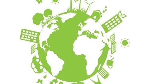 A circular view of planet Earth with green oceans and green icons of modern life elements