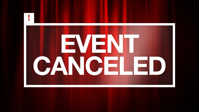 Words Event Canceled in a White Box with an Exclamation Mark and Red Stage Curtain in Background