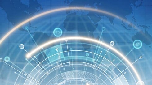Abstract with flat world map in background, graphed globe with lines, circles, and computer generated drawings