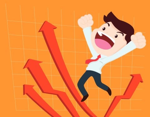 Happy Man On Rebounding Graph With Up Arrows