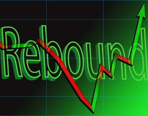 The word rebound against a green graph with a red and green arrow in front wavering down and up