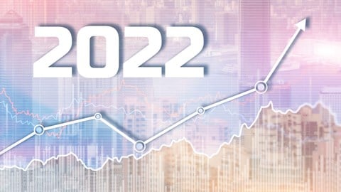 Year 2022 with line graph going up and conceptual city skyline in background