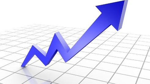 Blue arrow rising over grid to show increase