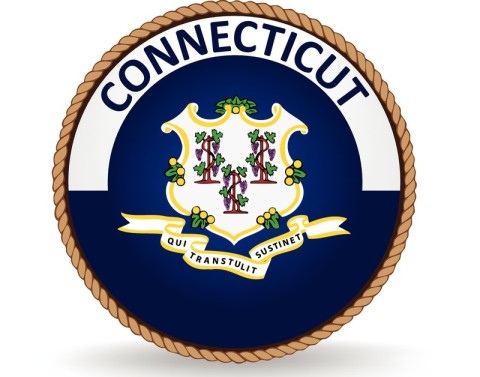 A rope circles the word CONNECTICUT and the state flag of a shield with 3 grapevines and banner in Latin