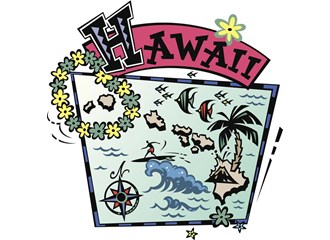 A graphically drawn map of the Hawaiian Islands with a lei, surfer on waves, colorful fish, and HAWAII printed at the top