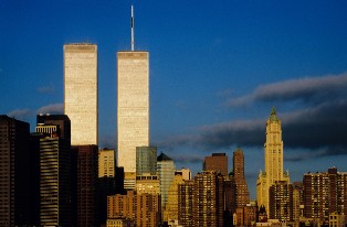 Late afternoon New York city skyline with the World Trade Center Twin Towers in focus