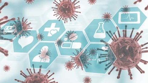 Medical-Related Icons Collected in a Honeycomb Shape Surrounded by Floating COVID-19 Cells