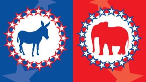 The Democrat and Republican donkey and elephant symbols surrounded by stars on a blue and red background