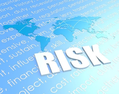Above risk-related words is a silhouette of continents with arches connecting cities and the word RISK in large letters