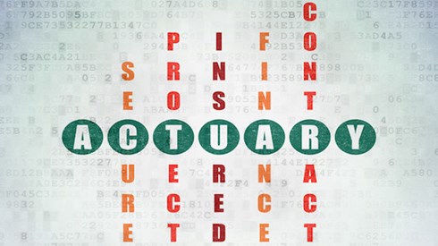 The word actuary with the words secure, protect, insured, finance, and contract crossing it